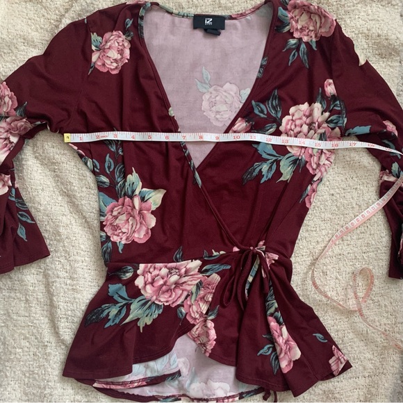 iZ Byer Burgundy Floral wrap top - Picture 7 of 8